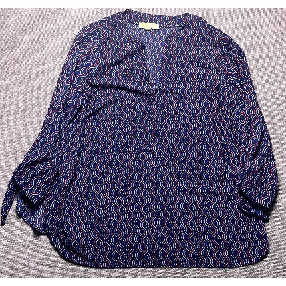 Michael Kors Blouse Top Womens 1X Blue Geometric Long Sleeve Split Neck Casual